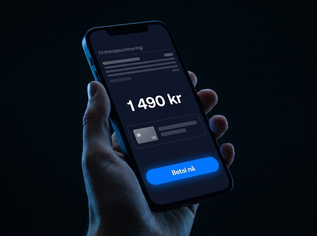 Mobilskjerm med betalingsside som viser totalsum og en blå knapp merket Betal nå